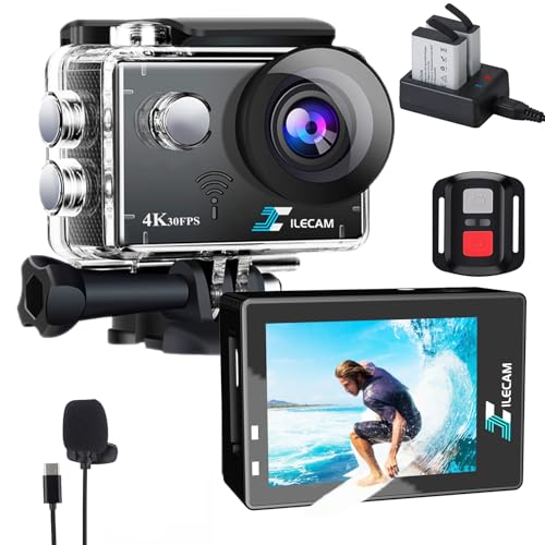 Xilecam Action Cam 4K WiFi/2,4G Fernbedienung 2 * 1350mAh Akku wasserdichte Kamera Unterwasser 131FT 4*Zoom Unterwasserkamera und Multifunktionales Zubehör