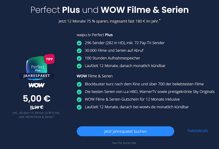 Streaming-Paket: waipu Perfect Plus mit WOW Filme & Serien für 5 Euro im Monat